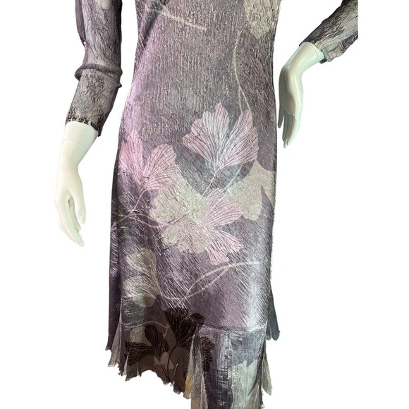 Komarov Dress Gray Silver Mauve Ginko Leaf Print Pleated Hem, Lace Detail $468 M - Picture 5 of 13